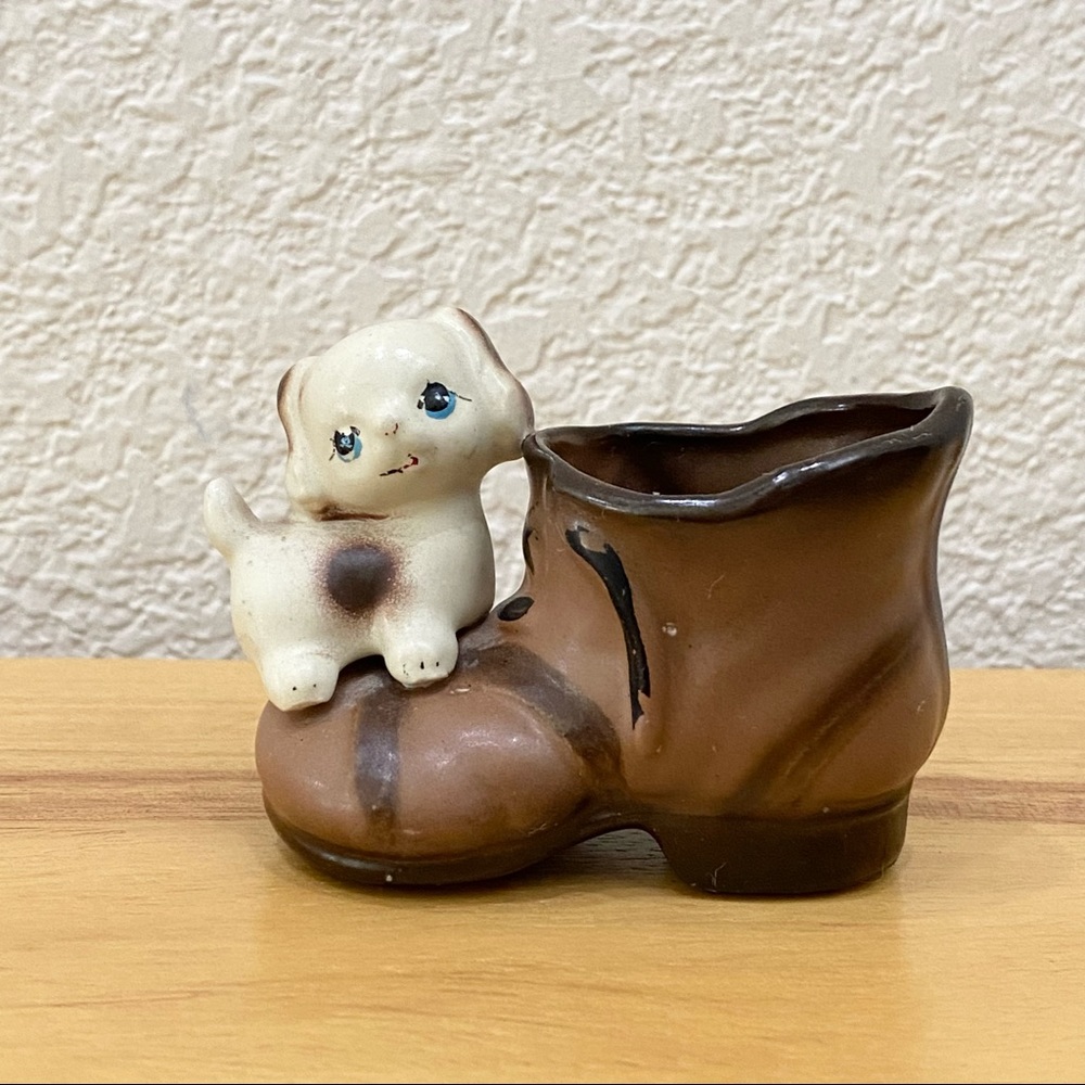 Vintage ENESCO Japan Ceramic Porcelain Puppy in A Boots Decor